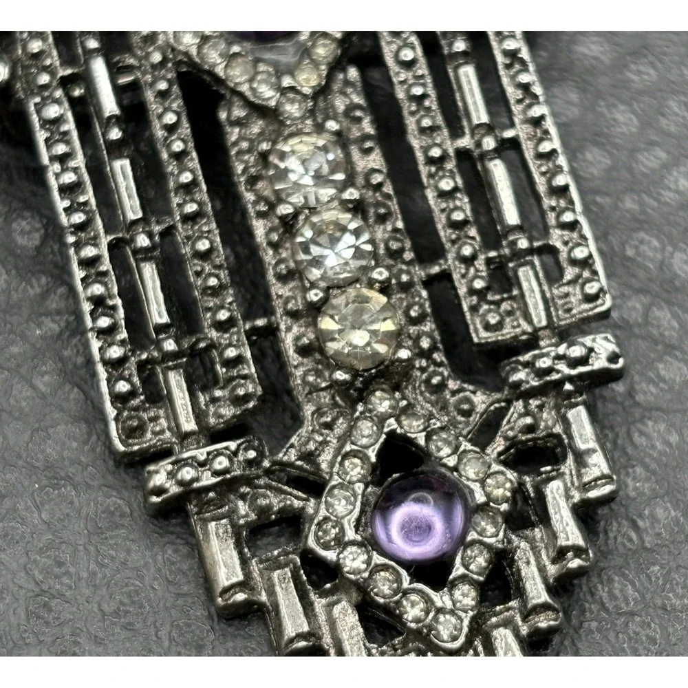 Vintage Art Deco Style Silver Tone Brooch Purple Amethyst Rhinestone Pin